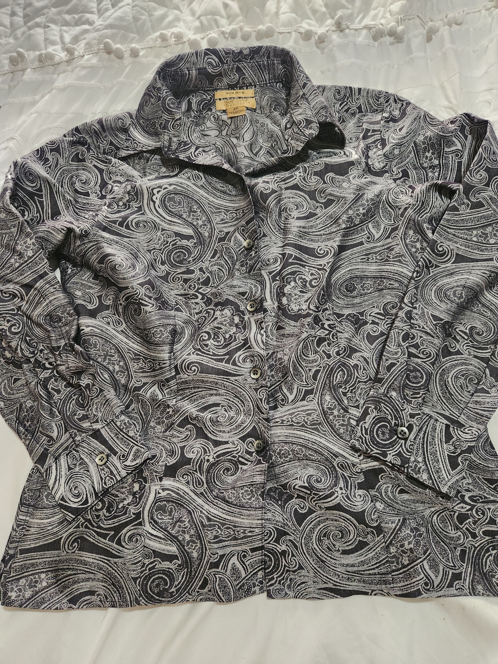 Gold Label Investments Womens Black & White Paisley Button-Down Shirt Non-Iron